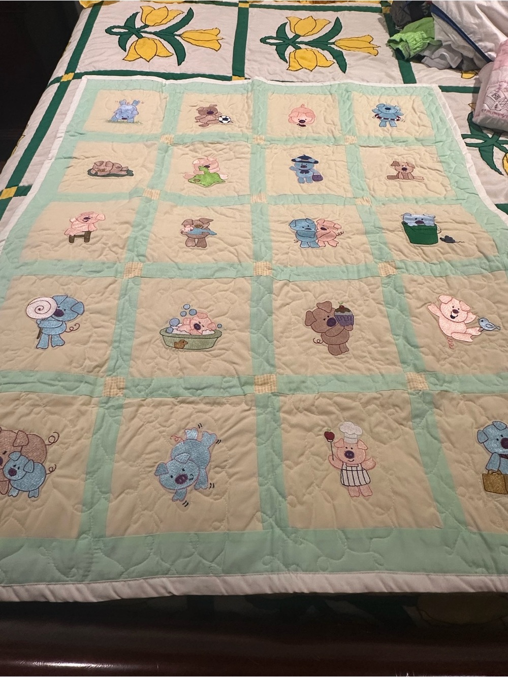 Cute Animal Patchwork Baby Quilt in Mint and Cream